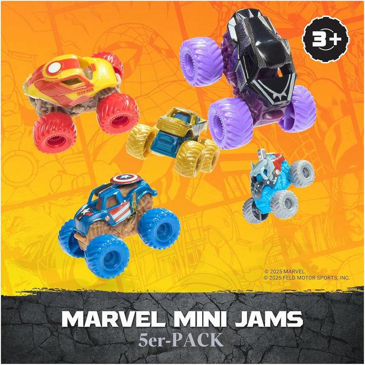 Monster Jam, Marvel Offizieller Mini-5er-Pack mit Mystery-Sammel-Monster-Truck, Massstab 1:87, Überr
