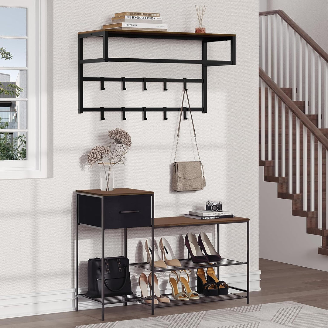 eSituro Wandgarderobe mit Ablage, Kleiderständer Wand mit Kleiderstange 10 Haken, Garderobe Wandmont