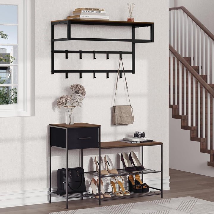 eSituro Wandgarderobe mit Ablage, Kleiderständer Wand mit Kleiderstange 10 Haken, Garderobe Wandmont