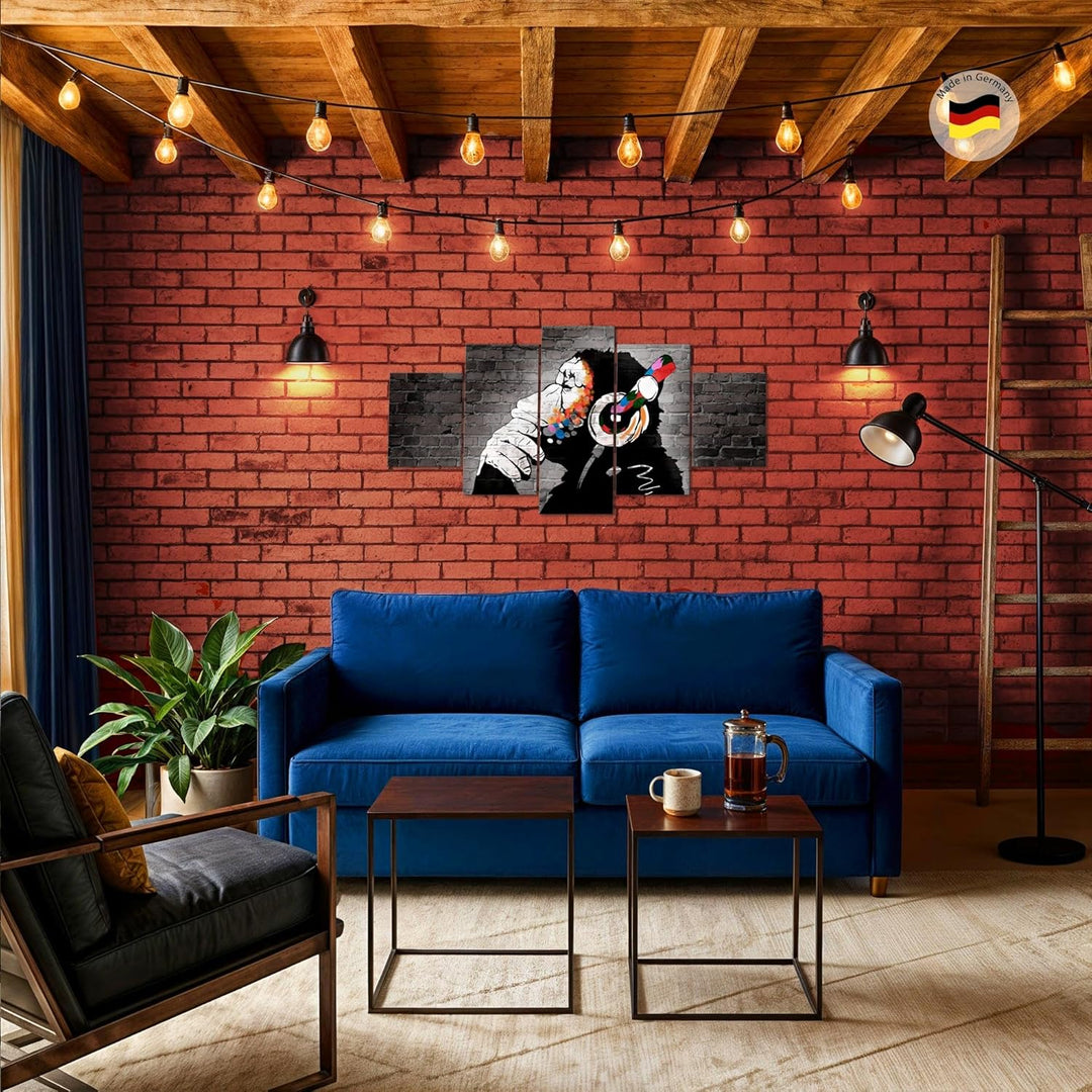 Runa Art Wandbilder Banksy Affe mit Kopfhörer 5 Teilig Bild auf Vlies Leinwand Deko Loft Wohnzimmer