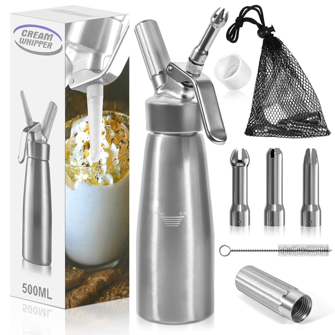Sahnespender, 500ml Sahnesyphon mit 3 Deko-Düsen und 1 Reinigungbürste, 1 Netztasche, Auslaufsichere