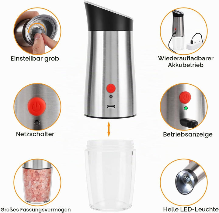 Salz und Pfeffermühle Elektrische 2er Set USB Aufladung Schwerkraft Automatische Gewürzmühle Verstel
