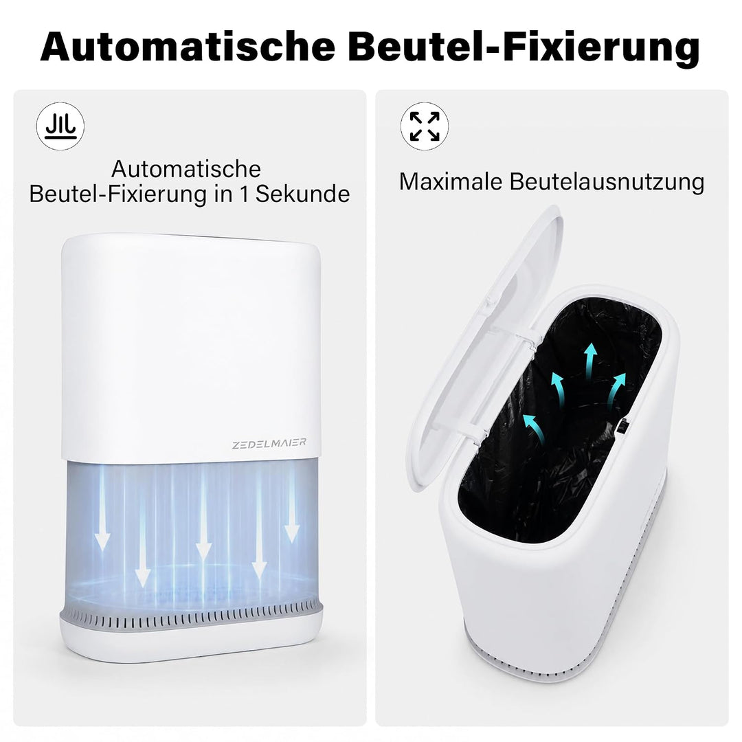 Zedelmaier Schmaler Mülleimer 8L mit Deckel Abfalleimer 15cm Weiss 2er Set | Druckknopf deckel; Hält