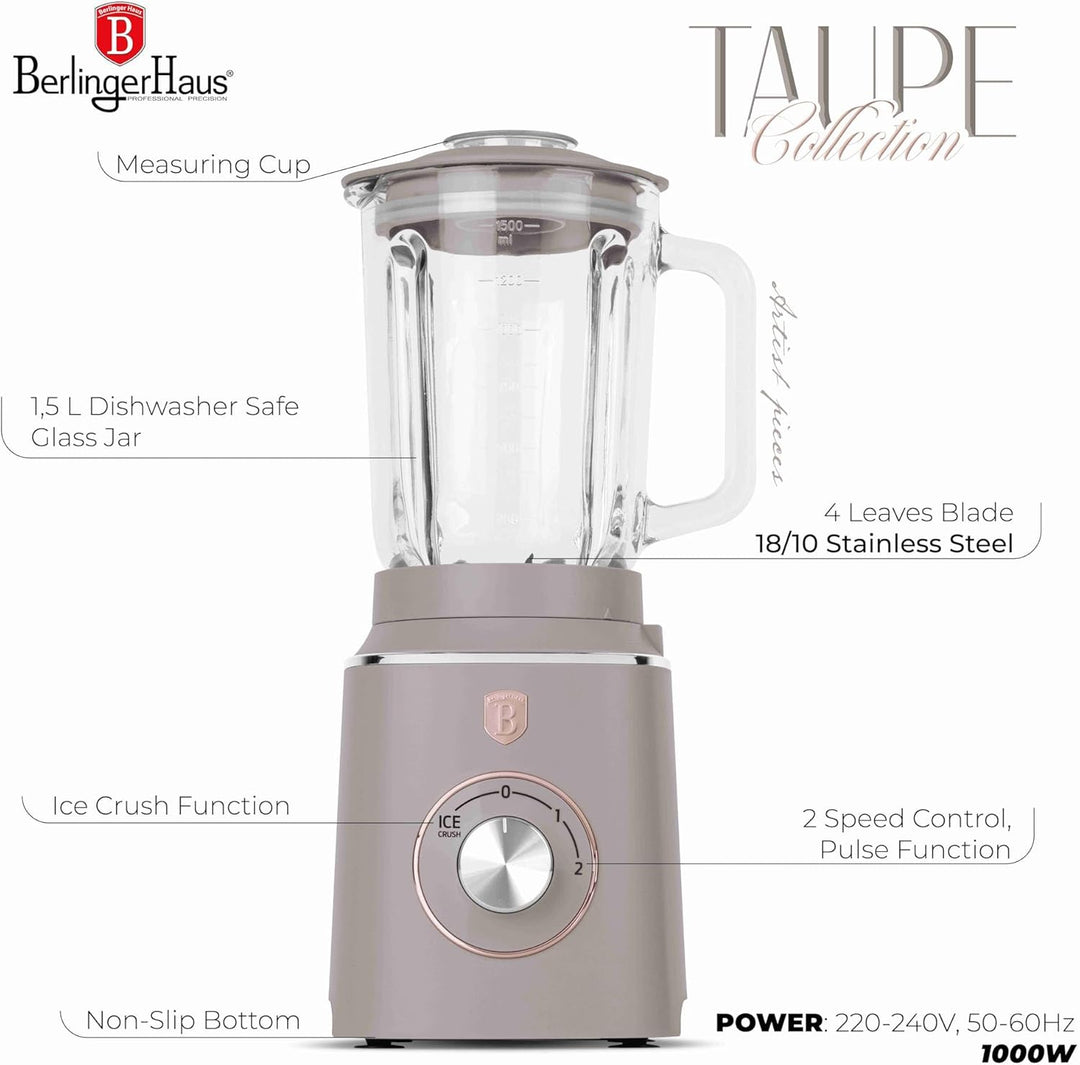 Berlinger Haus Tischmixer mit Glasbehälter 1,5 L 1000 W Taupe Collection | Stilvoll, Leistungsstark
