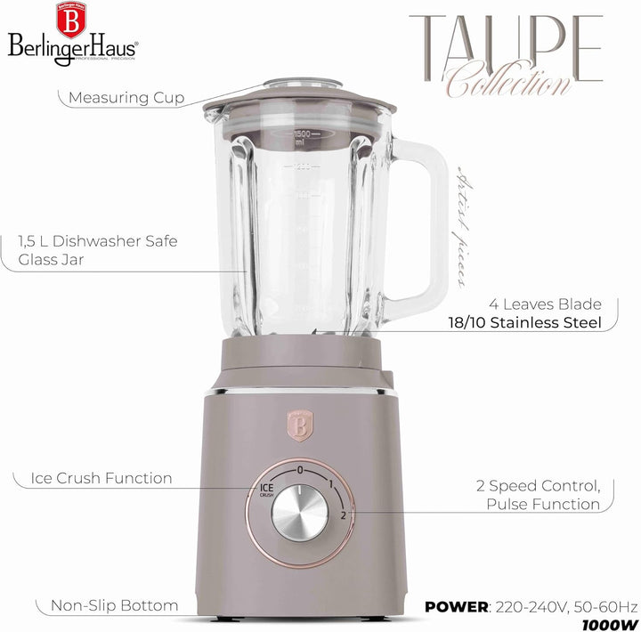 Berlinger Haus Tischmixer mit Glasbehälter 1,5 L 1000 W Taupe Collection | Stilvoll, Leistungsstark