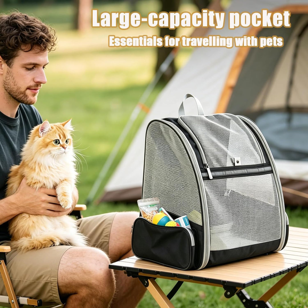 Haustier Rucksack bis 8kg mit 2 Tragbare Fressnäpfe, Faltbare Katzenrucksack Hunde Rucksack mit 3-se