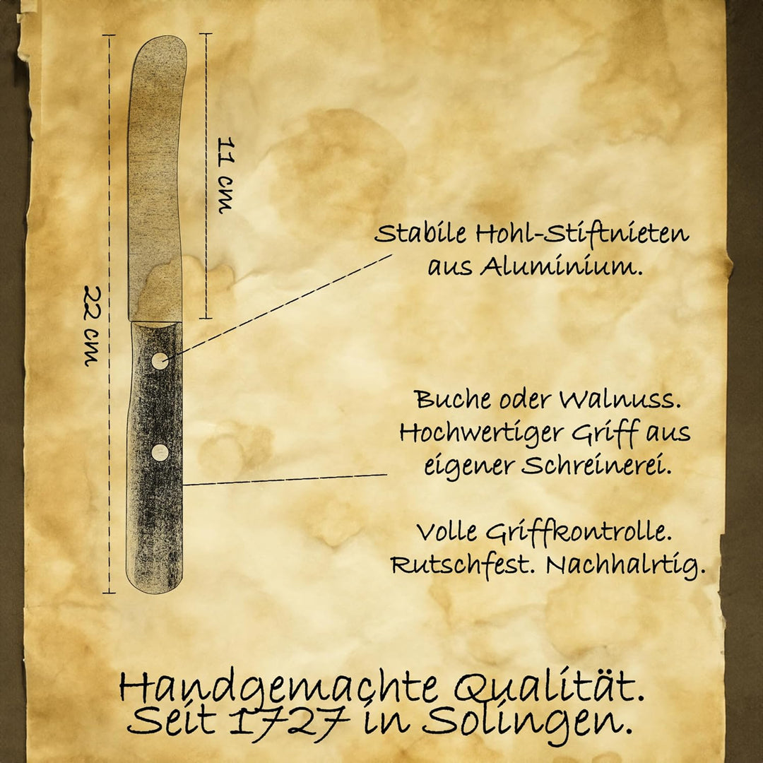PIKAS SINCE 1727 Solingen Messer Walnuss Buckelmesser 4er, stabile Hohl Stiftnieten, Frühstücksmesse