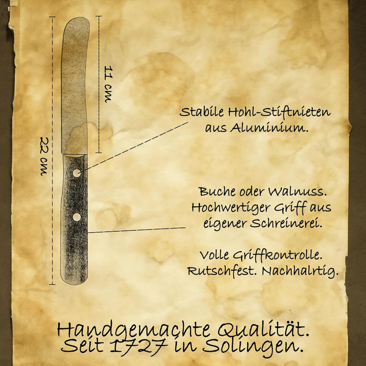PIKAS SINCE 1727 Solingen Messer Walnuss Buckelmesser 4er, stabile Hohl Stiftnieten, Frühstücksmesse