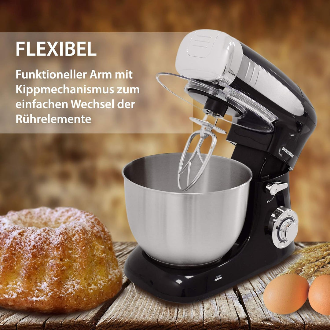 Syntrox Germany KM-1300W Black de Luxe Küchenmaschine Knetmaschine Mixer mit Fleischwolf, Edelstahl-