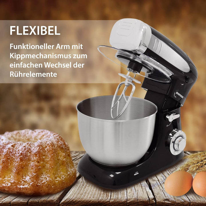 Syntrox Germany KM-1300W Black de Luxe Küchenmaschine Knetmaschine Mixer mit Fleischwolf, Edelstahl-