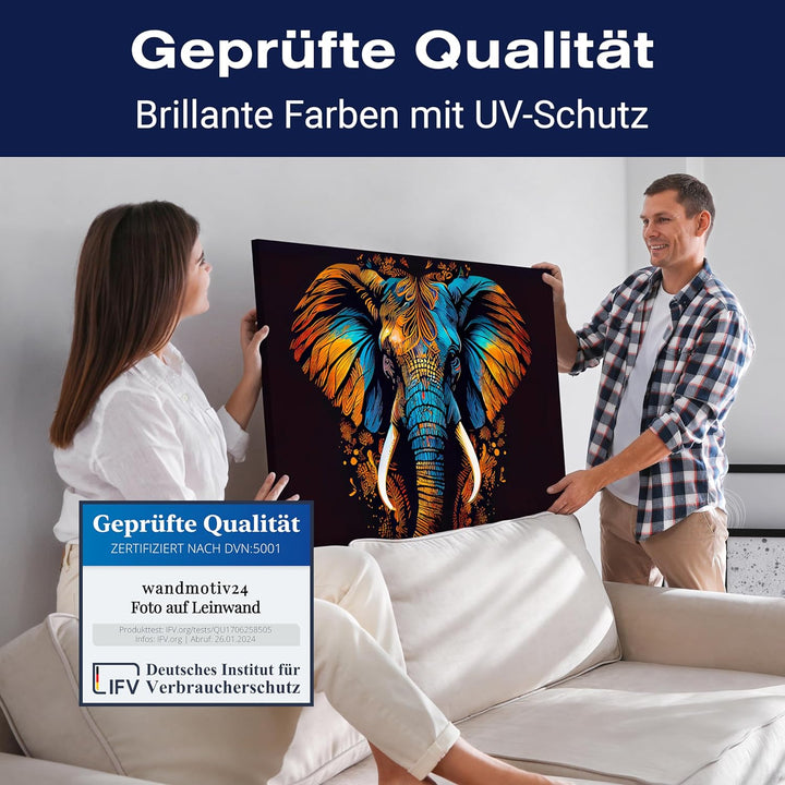 wandmotiv24 Leinwandbild Malerei ethnisch, 60x45cm, Querformat, Elefant, Deko, Bilder auf Leinwand,