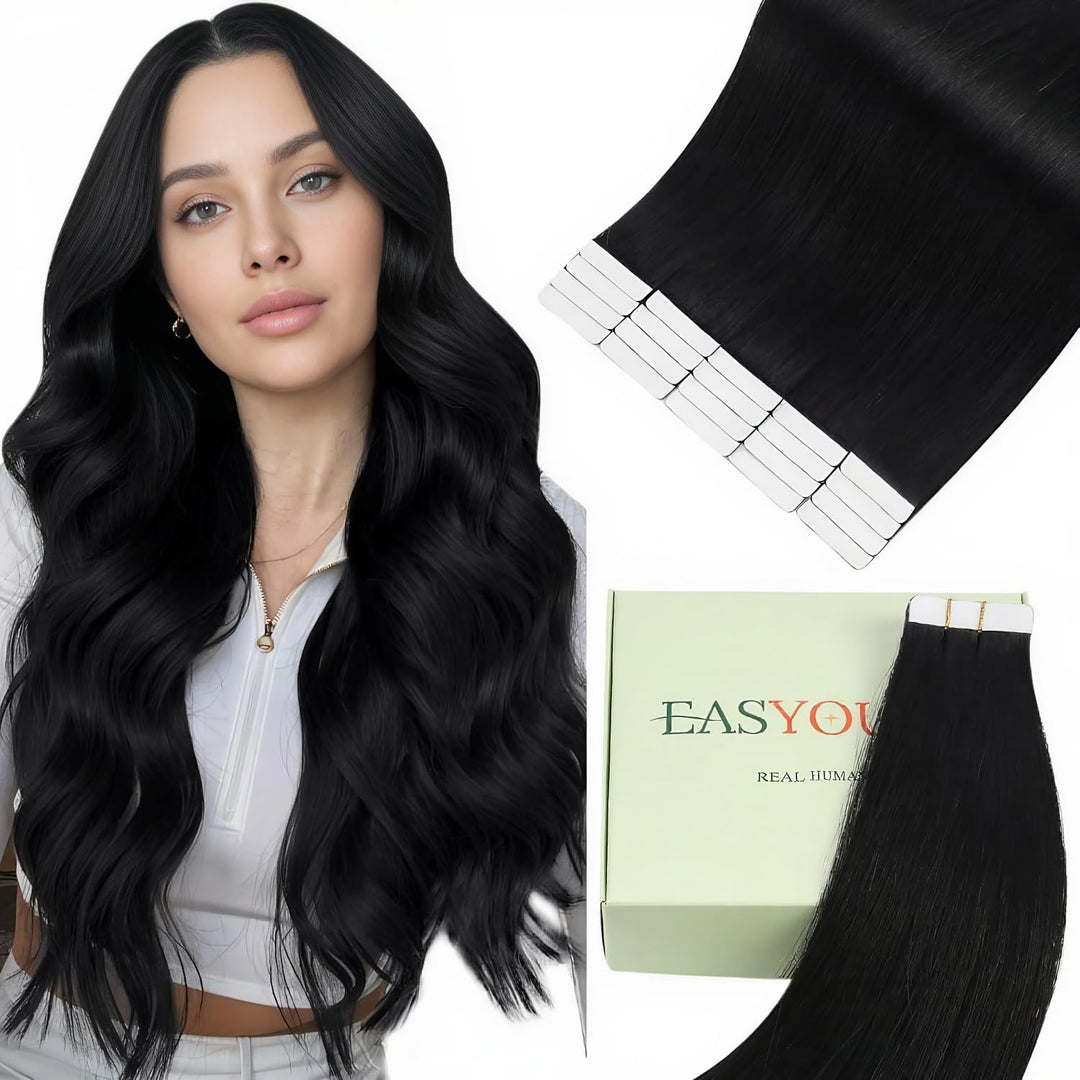 Easyouth Tape on Extensions Echthaar Haar Extensions Tape Echthaar Farbe Pechschwarz 12 Zoll 30g Tap