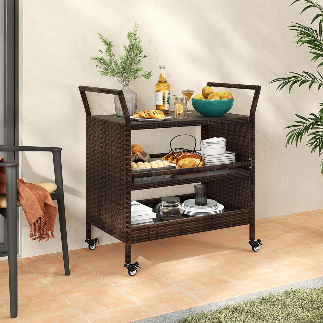 GIANTEX Servierwagen Outdoor Rattan, Küchenwagen auf Rädern, Grillwagen Grilltisch 3 Ebenen mit Seit
