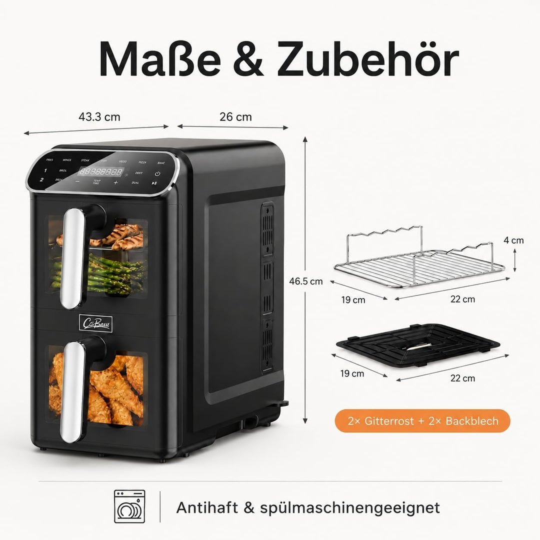Heissluftfritteuse 2 Kammern übereinander 11L, platzsparende vertikale Doppelkammer, 2×5,5L Airfryer