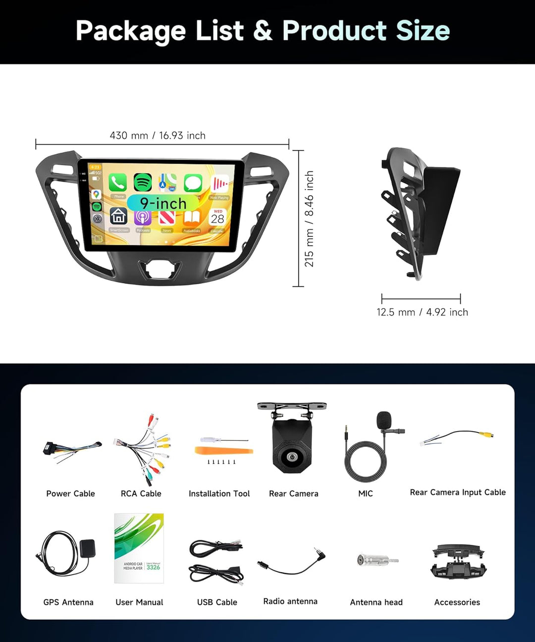 4G+64G Rimoody Android Autoradio für Ford Transit Custom Tourneo 2013-2018 9 Zoll HD Autoradio mit W