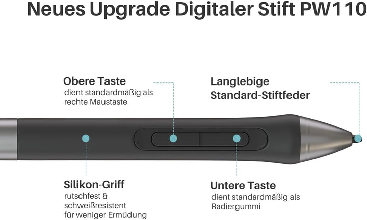 HUION Digitaler Stift PW110 Schwarz, PenTech 3.0 Batteriefreier, rutschfestem & schweissresistentem