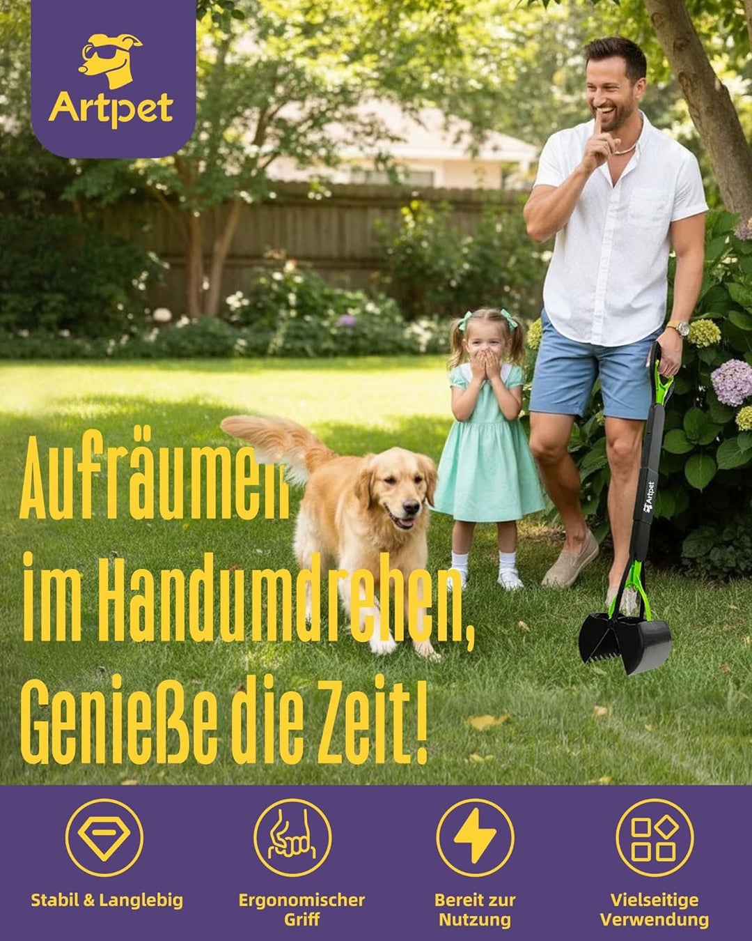 Hundekotsammler mit langem Griff – Faltbare Hundekotschaufel, Kein Bücken, Für Gras, Erde, Sand & Ki