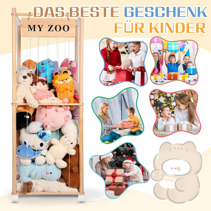 Massivholz Kuscheltier Aufbewahrung mit 360° Rollen &amp; Bremse – inkl. Baumwollnetz, Plüschtier Organi