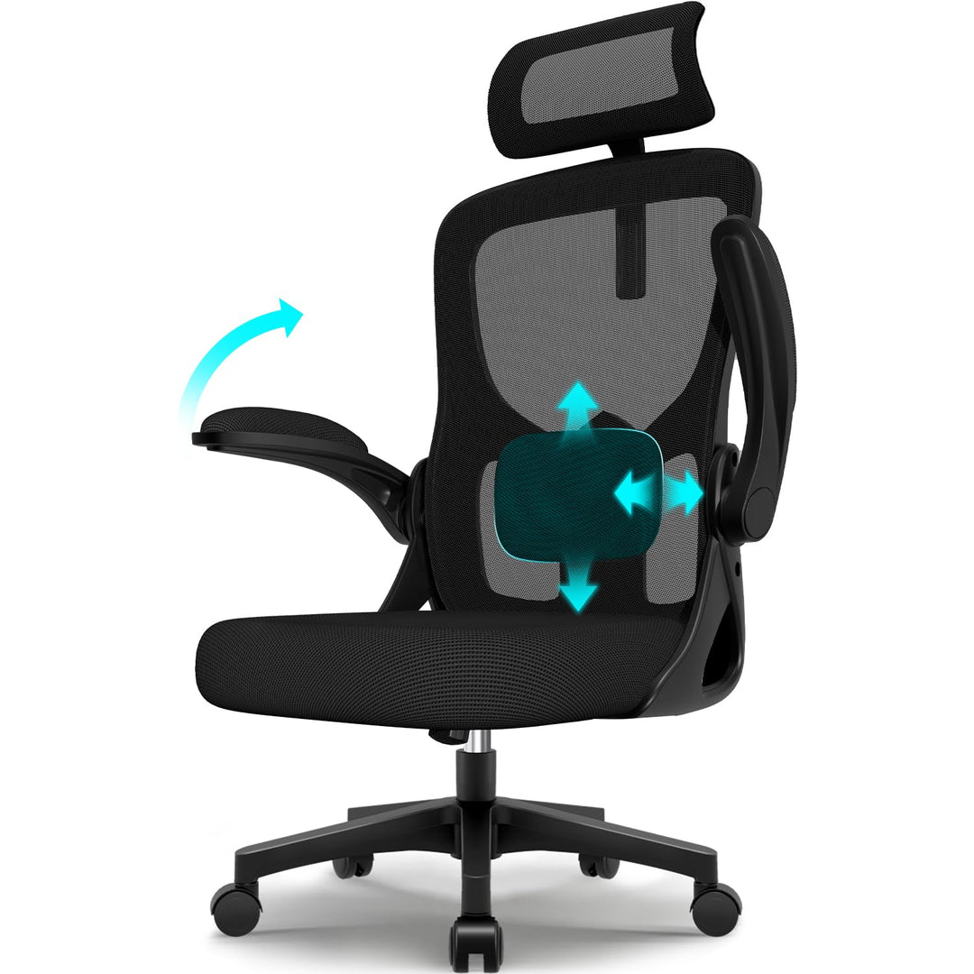 Bürostuhl, Schreibtischsessel mit Kopfstütze und Weiche Lordosenstütze, Bürostuhl ergonomisch Wippfu