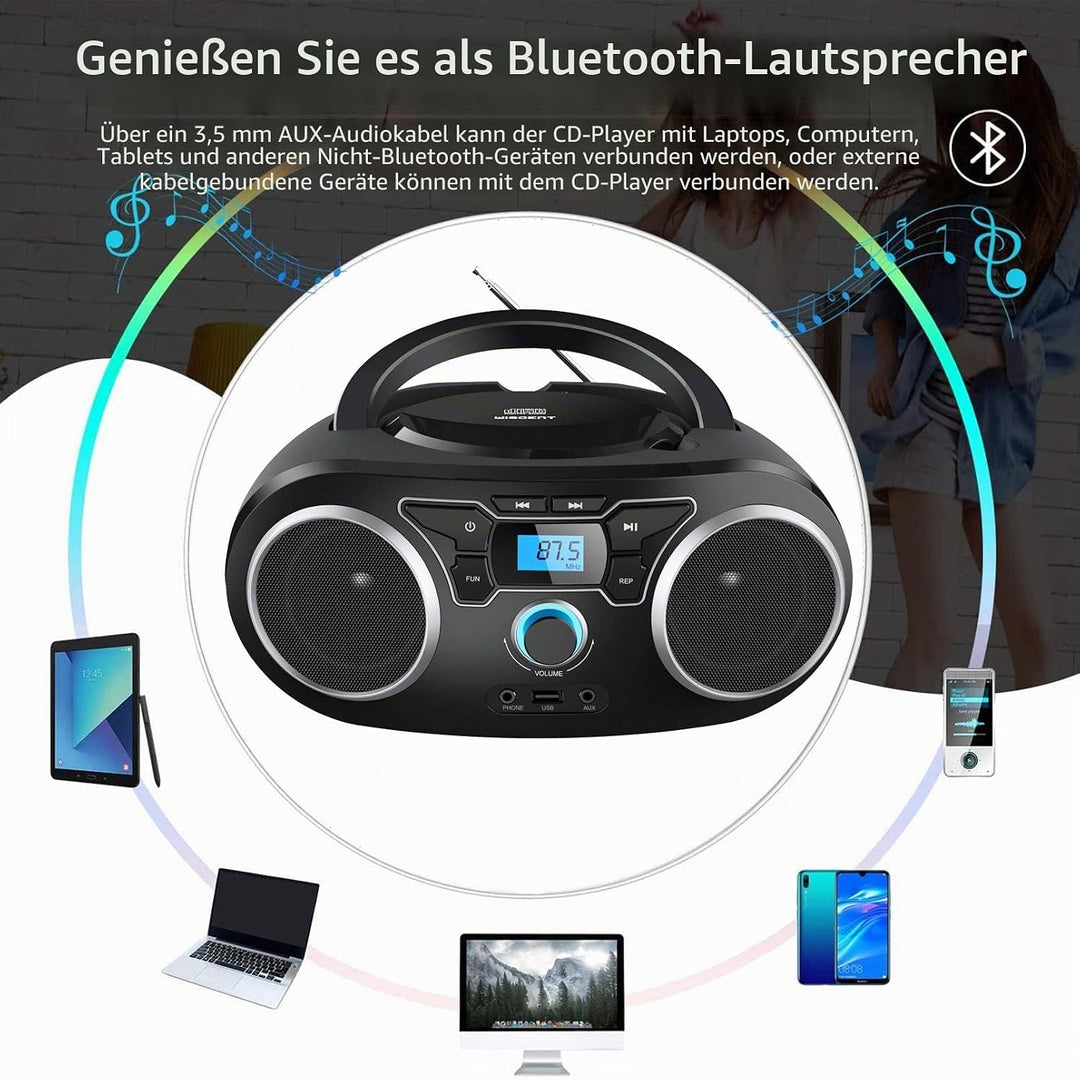 CD-Radio Tragbare CD-Player-Boombox mit Bluetooth- und FM-Radio, USB-Eingang und 3,5-mm-AUX-Kopfhöre