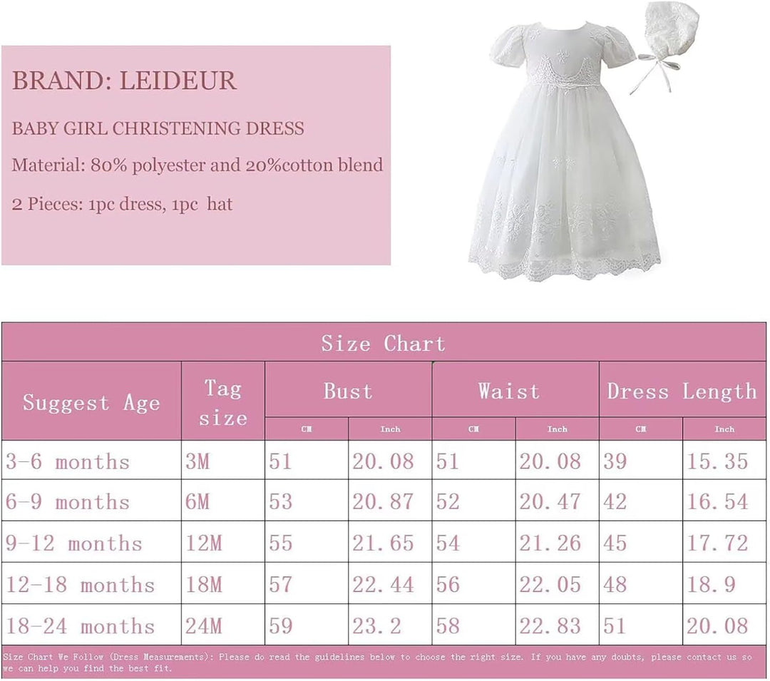 Leideur Baby Mädchen Taufe Kleid Lange Segenskleider Weiss Formale Brautkleider für Neugeborene 12-1