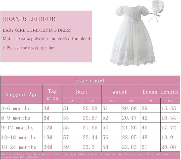 Leideur Baby Mädchen Taufe Kleid Lange Segenskleider Weiss Formale Brautkleider für Neugeborene 12-1