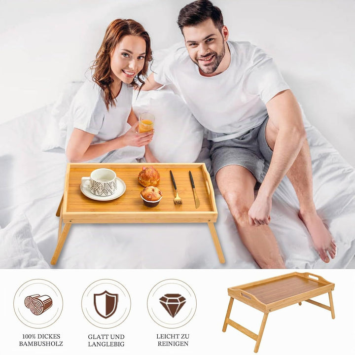 Betttisch Klappbar, Bambus Betttablett Serviertablett Frühstückstablett mit Beinen und Griffen, Tabl