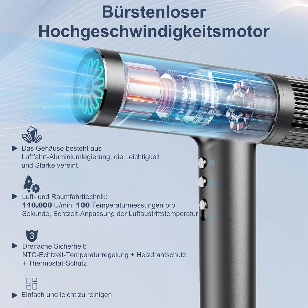 OYLCDI Haartrockner mit bürstenloser Motor Föhn|Fön mit Diffusor,Stylingdüse|300 Mio.Negative Ionen|
