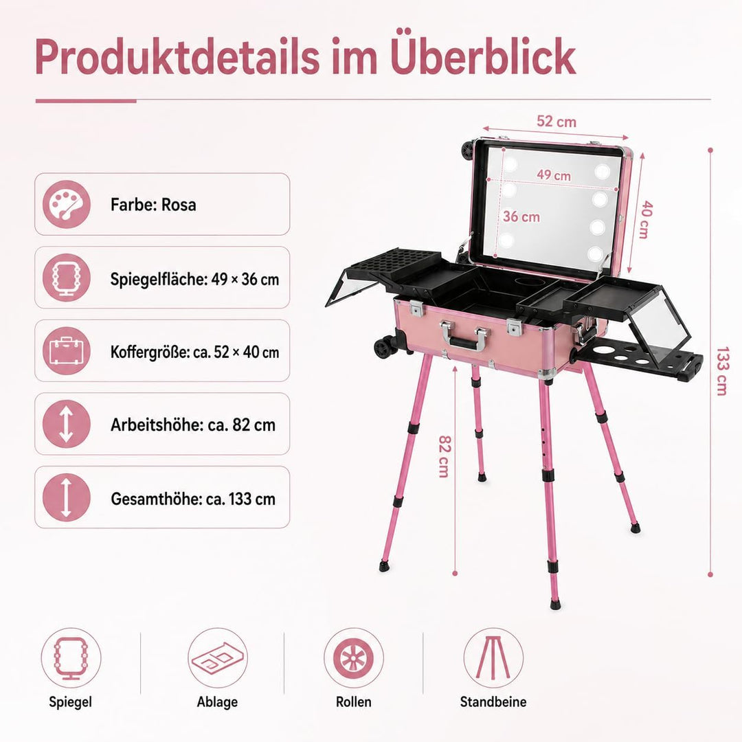 Kosmetikkoffer Trolley mit LED-Spiegel, Rosa, Aluminium, 82 cm | Ausziehbare Beine, 49 x 36 cm Spieg
