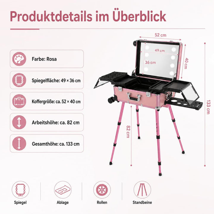 Kosmetikkoffer Trolley mit LED-Spiegel, Rosa, Aluminium, 82 cm | Ausziehbare Beine, 49 x 36 cm Spieg