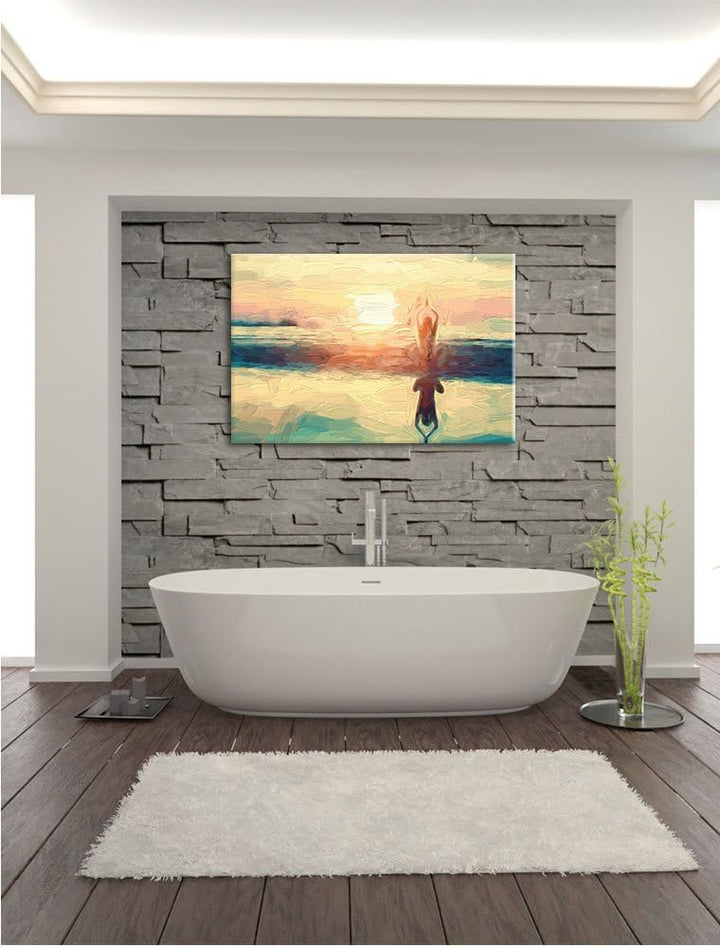 Pixxprint Frau in Einer Yogapose am Strand als Leinwandbild/Grösse: 100x70 cm/Wandbild/Kunstdruck/fe