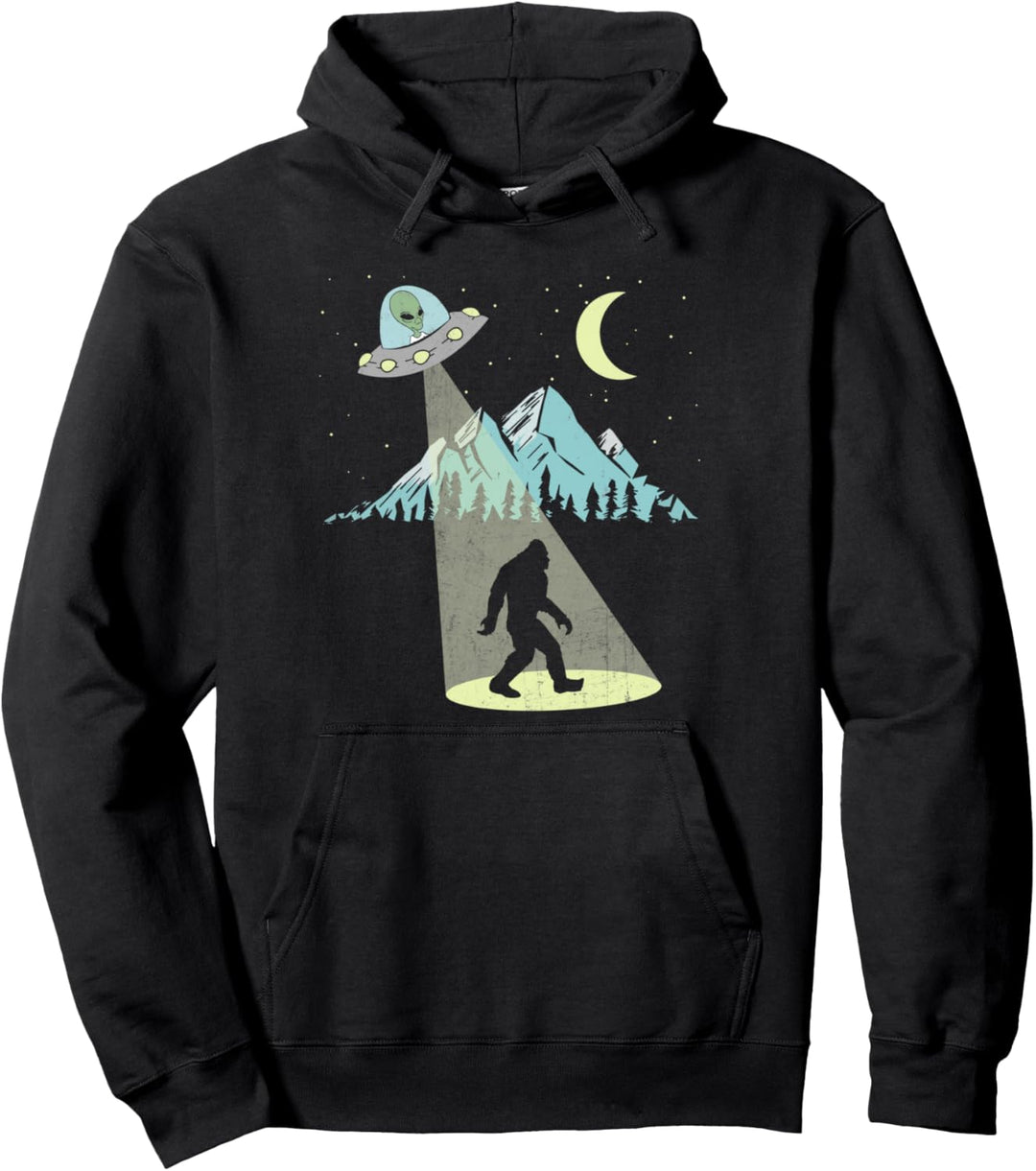 Bigfoot UFO Abduction Moon & Mountain Alien Vintage Graphic Pullover Hoodie