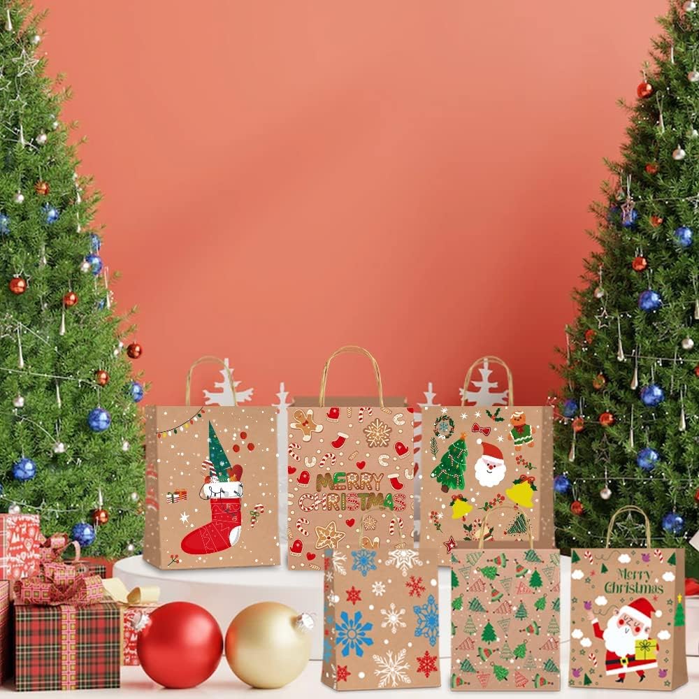 12 Stück Geschenktüten Weihnachten，Papiertüten Weihnachten mit Griff, Kraftpapier Weihnachtstüten fü