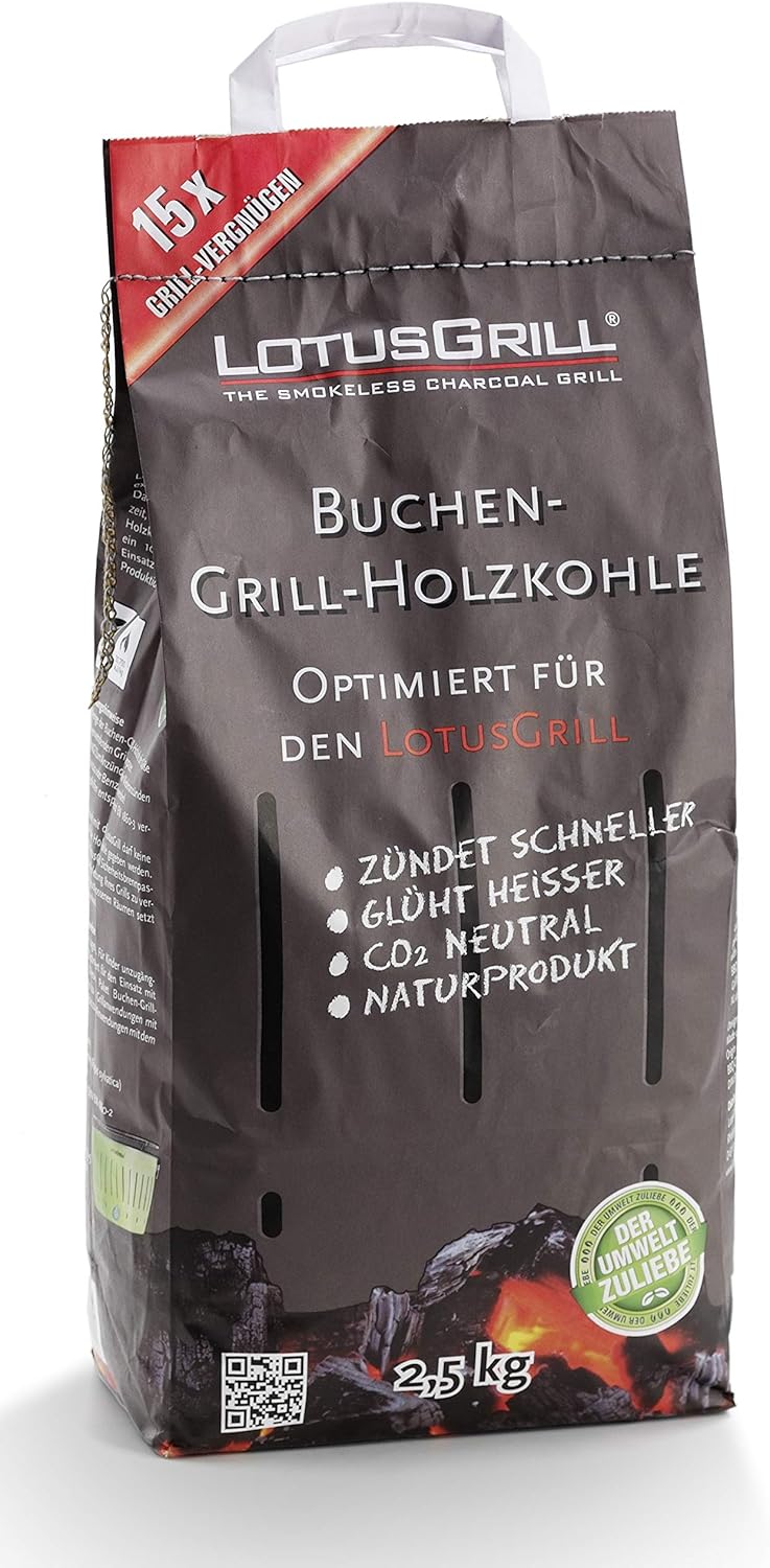 LotusGrill Buchenholzkohle 2X 2,5 kg Sack inkl. LotusGrill Brennpaste 500 ml, beides entwickelt für