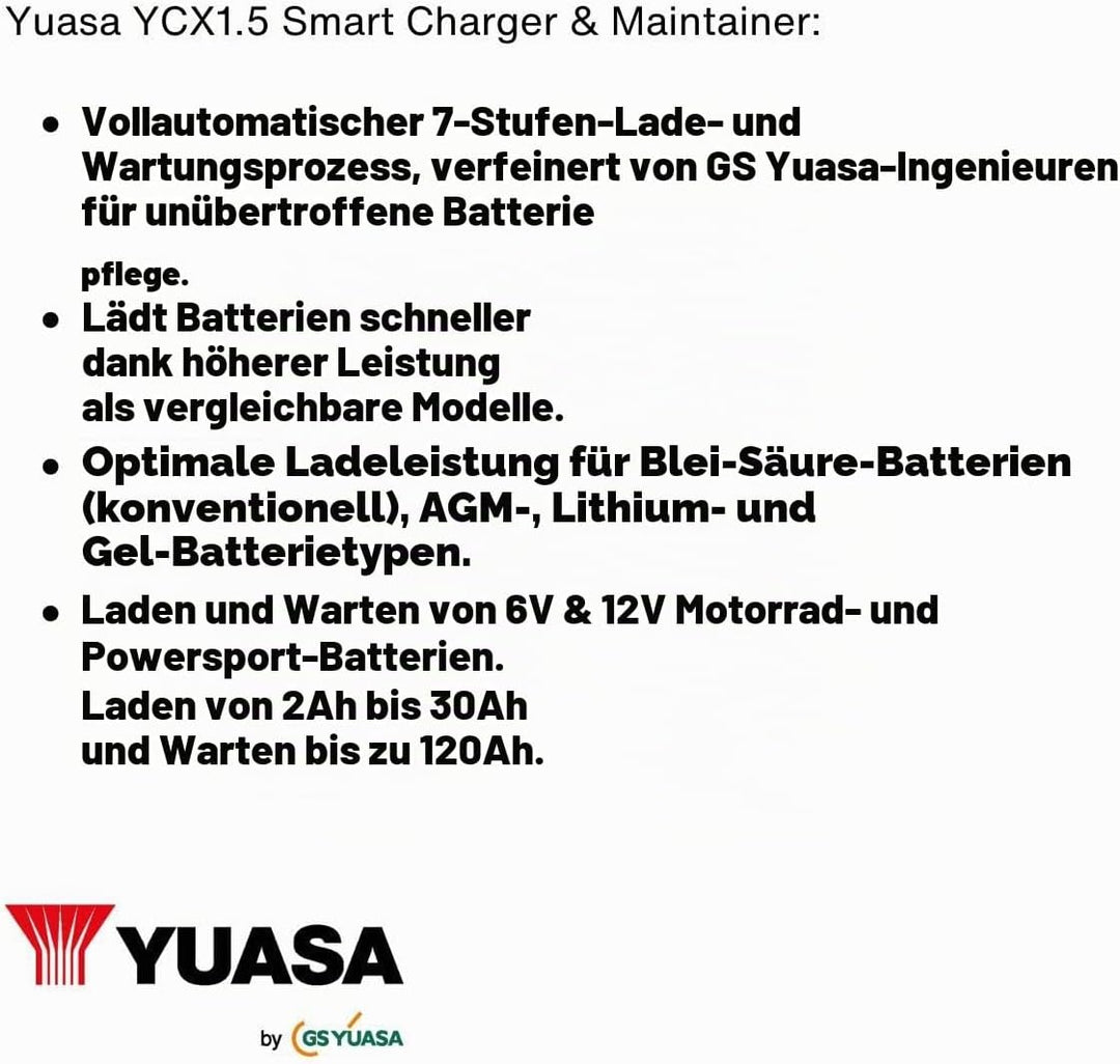 Yuasa YCX1.5 6/12 V 1,5 A Motorradbatterie-Smart-Ladegerät Schwarz, Schwarz