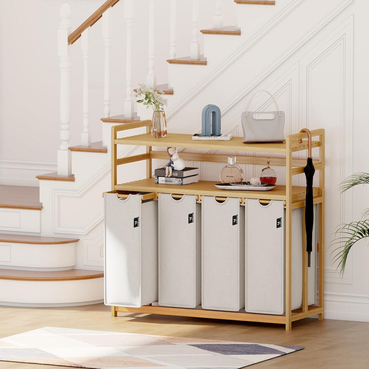 AdelDream Wäschekorb 200L,4 Fächer Wäschesammler,2 Ablagen,Bambus | Wäschesortierer 4 x 50L,ausziehb