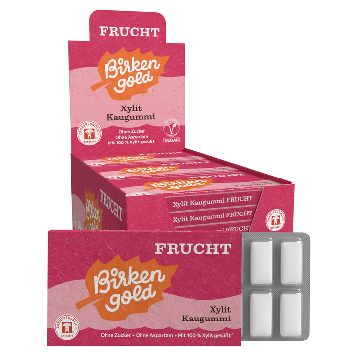 Birkengold Xylit Kaugummi Frucht | 24 Stk. Blister | Zahnpflege-Kaugummi | zuckerfrei | hoher Xylit-