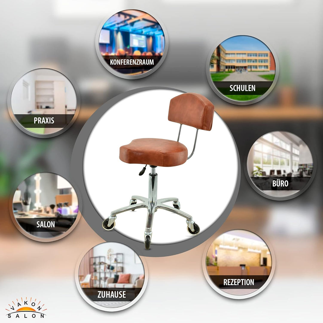 VAKON SALON - Ergonomischer Rollhocker mit Lehne in Hellbraun - Höhenverstellbarer von 50-65 cm - Pr