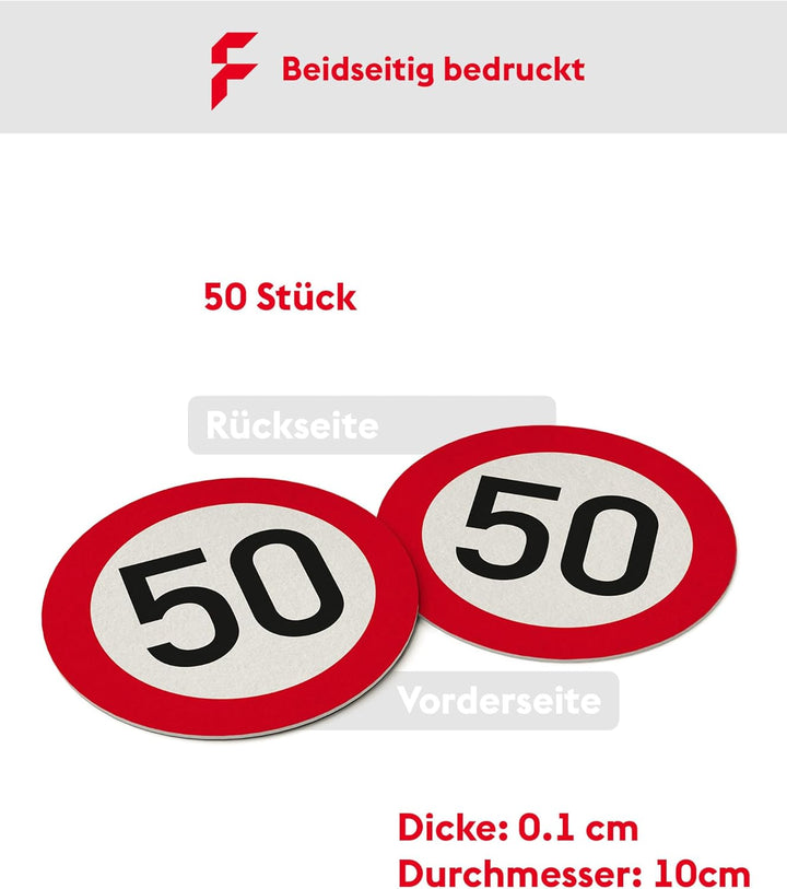 Bierdeckel Pappe zum 50. Geburtstag (50 Stück) Verkehrsschild Gläser Untersetzer (⌀10cm) für Frauen