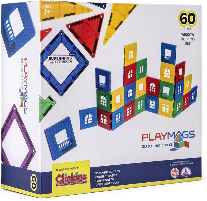 Playmags 60 PC 3D Magnetic Fliesen Gebäude Spielset: Durable Gebäude Set enthält 30 Fensterrahmen un