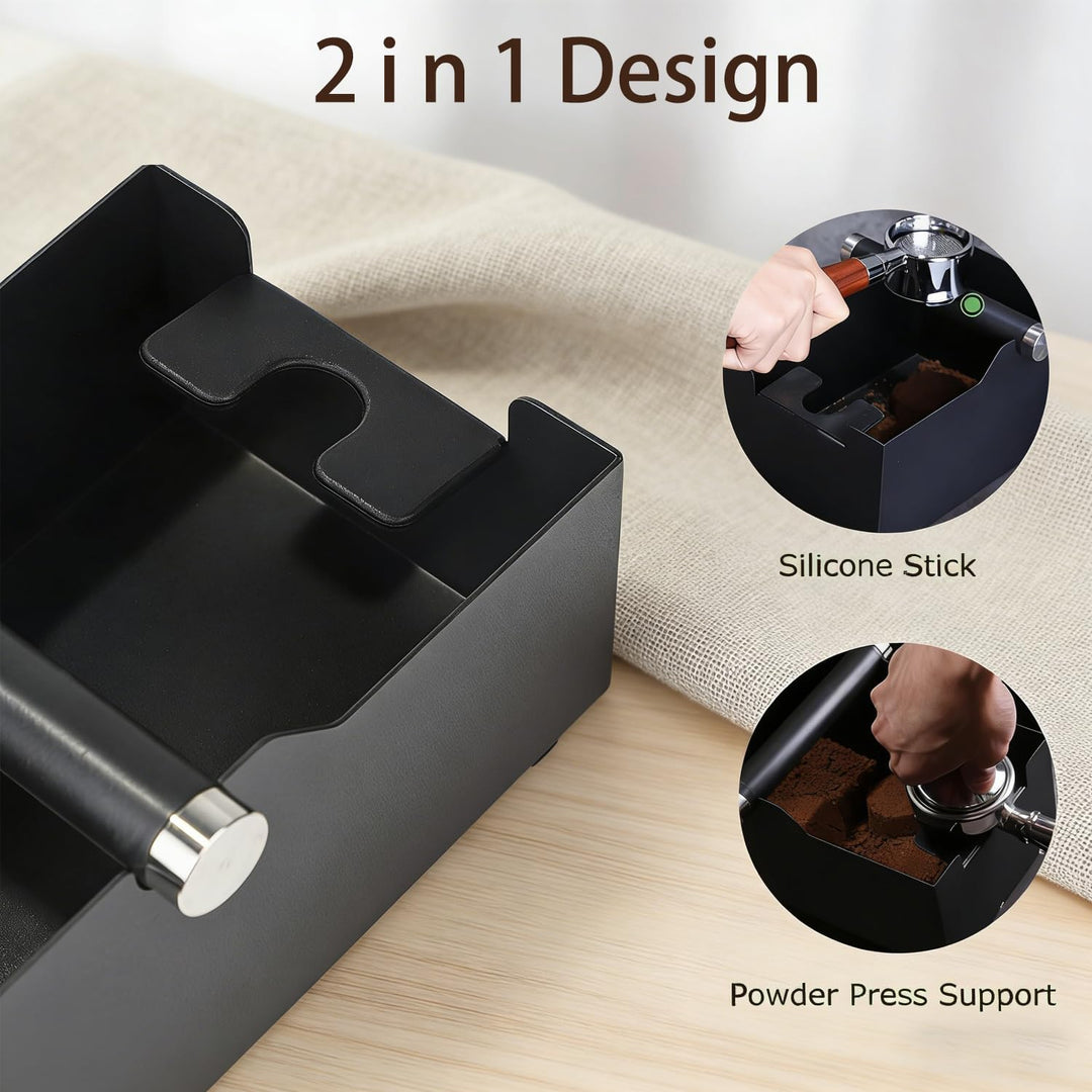 Schwarzer Edelstahl Knock Box, 2-in-1-Design, das eine Pressstation und einen Kaffee Abklopfbehälter