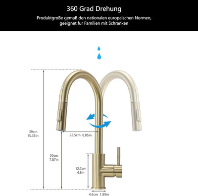 TIMACO Gebürstetes Gold Küchenarmatur mit Ausziehbare Brause Wasserhahn Küche 360° Schwenkbar Mischb