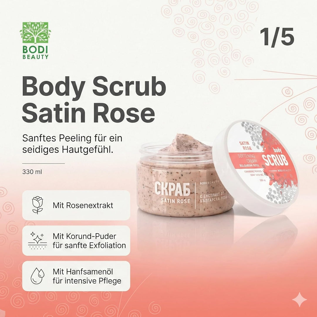 Satin Rose Body Scrub & Körperpeeling 330 ml – Korund, Kokospulver, Rosenextrakt, Sheabutter, D-Pant