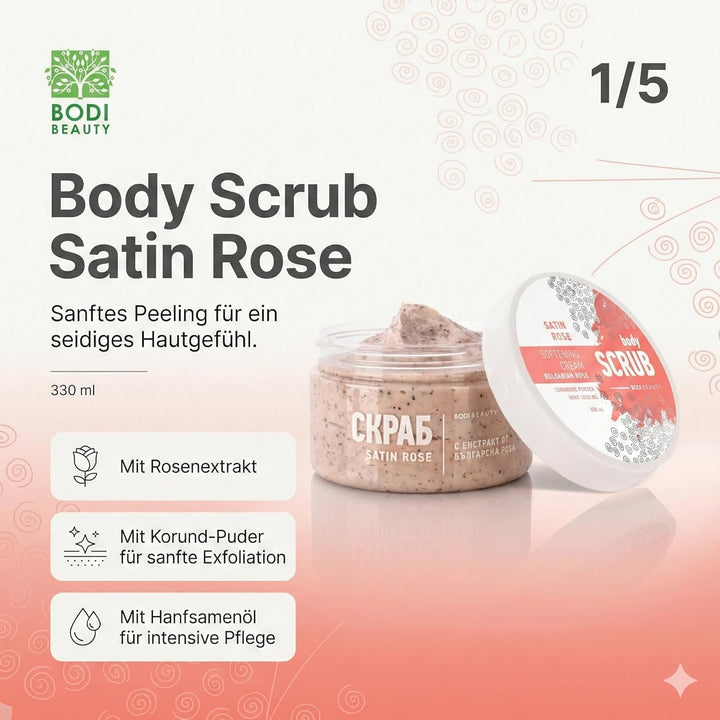 Satin Rose Body Scrub & Körperpeeling 330 ml – Korund, Kokospulver, Rosenextrakt, Sheabutter, D-Pant