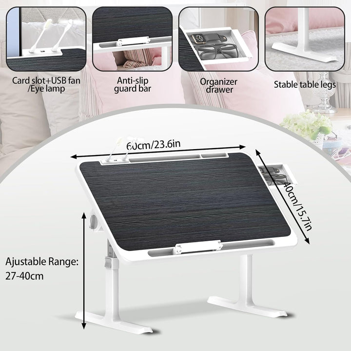Klappbarer Laptoptisch mit Schublade, LED & Ventilator – Höhenverstellbarer Schreibtisch für Bett, S