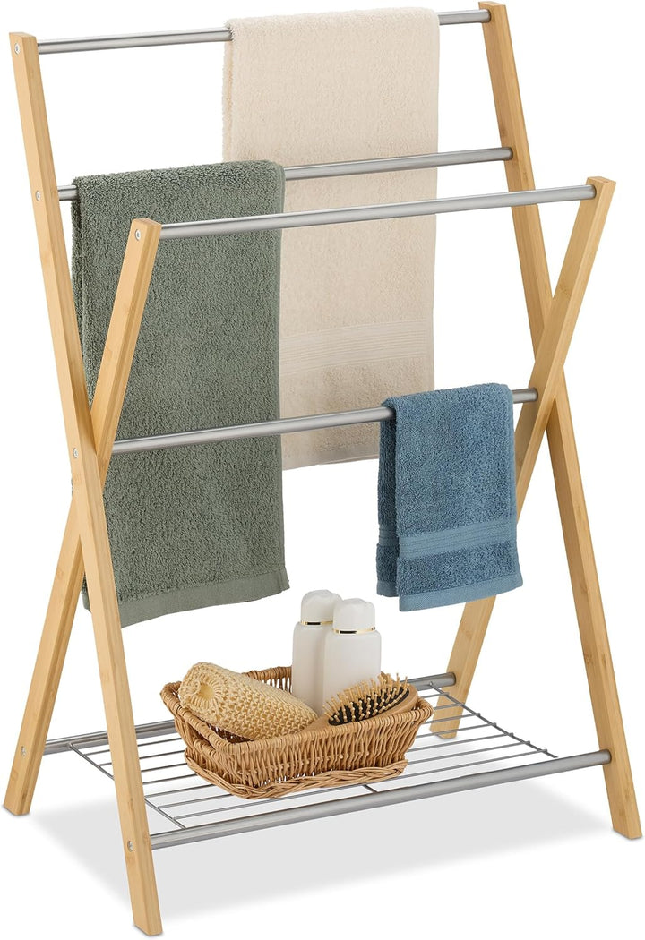 Relaxdays Handtuchhalter, 4 Stangen und Ablage, für Hand- & Badetücher, Handtuchständer, Bambus & Ei