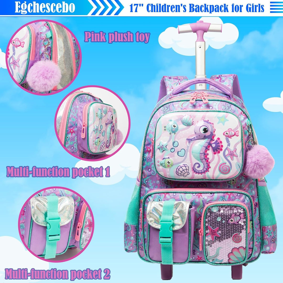 Egchescebo Kinder Rolling Rucksack für Mädchen Seepferdchen Koffer Trolley Roller Gepäck Rucksäcke a
