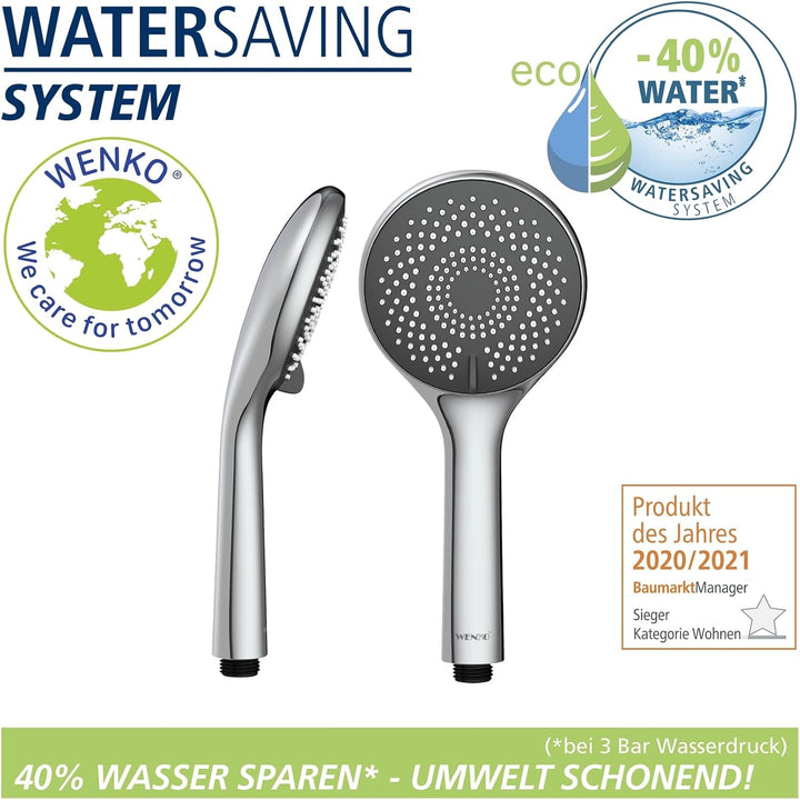WENKO Wasserspar Duschkopf Watersaving, Handbrause mit Wasserspar-System, 3 Strahlarten, Ø 11 cm, AB