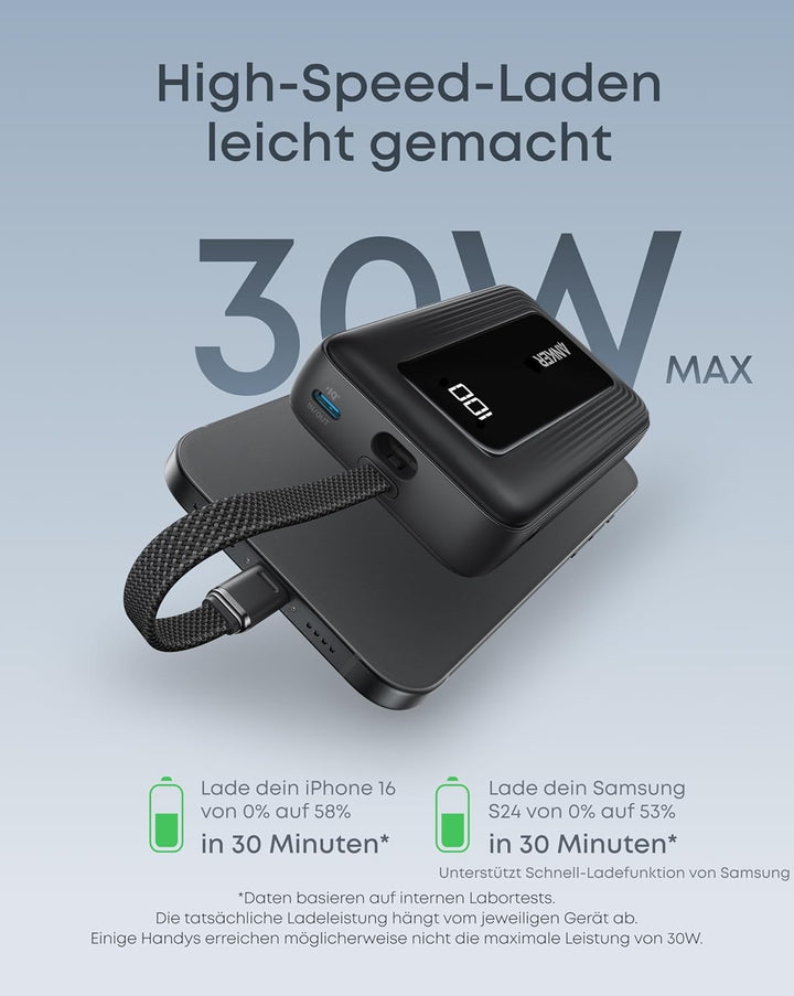 Anker Powerbank 20.000mAh 30W mit integriertem USB-C Kabel, High-Speed portables Ladegerät, 1 USB-C,