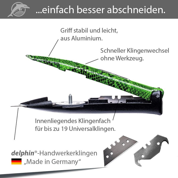 Delphin®-03 Teppichmesser, Design Edition, Feststehende Klinge, Profi Cuttermesser, Alu, Klingen und